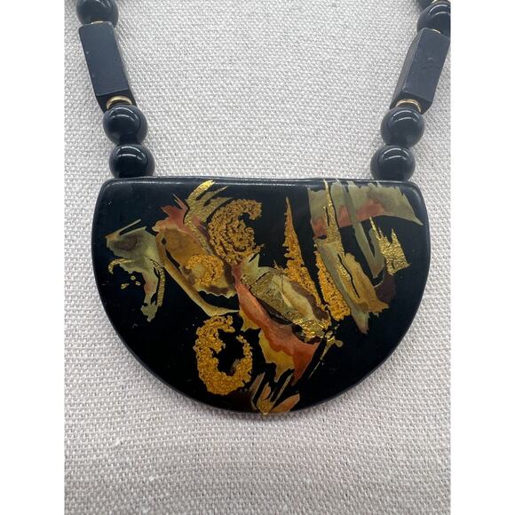 Vintage Black Wooden Lacquer Hand Painted Asian Dragon Abstract Japan Necklace - Picture 2 of 8
